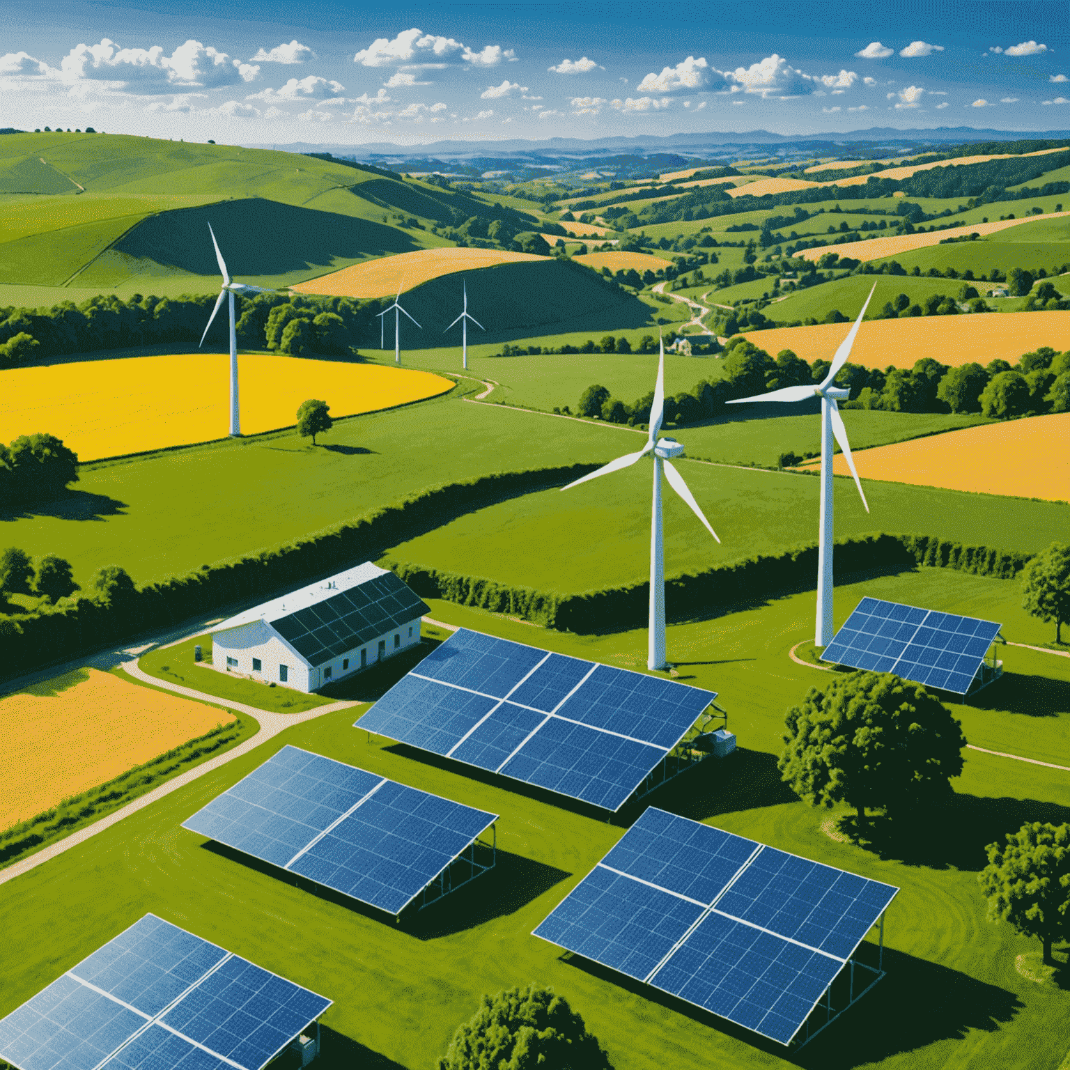 Renewable energy sources including solar panels and wind turbines set against a backdrop of lush green fields and blue sky, symbolizing Alliant Energy Solutions' commitment to sustainable energy practices