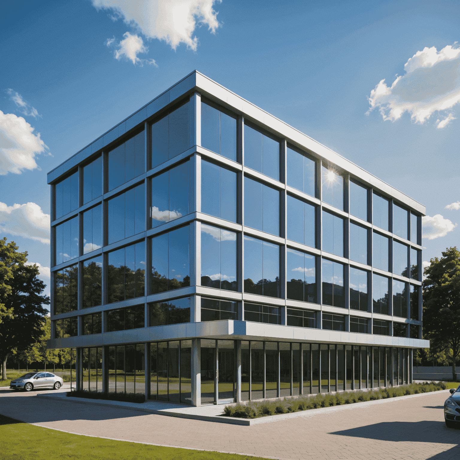 A modern office building with solar panels on the roof and energy-efficient windows, showcasing the latest in sustainable business architecture