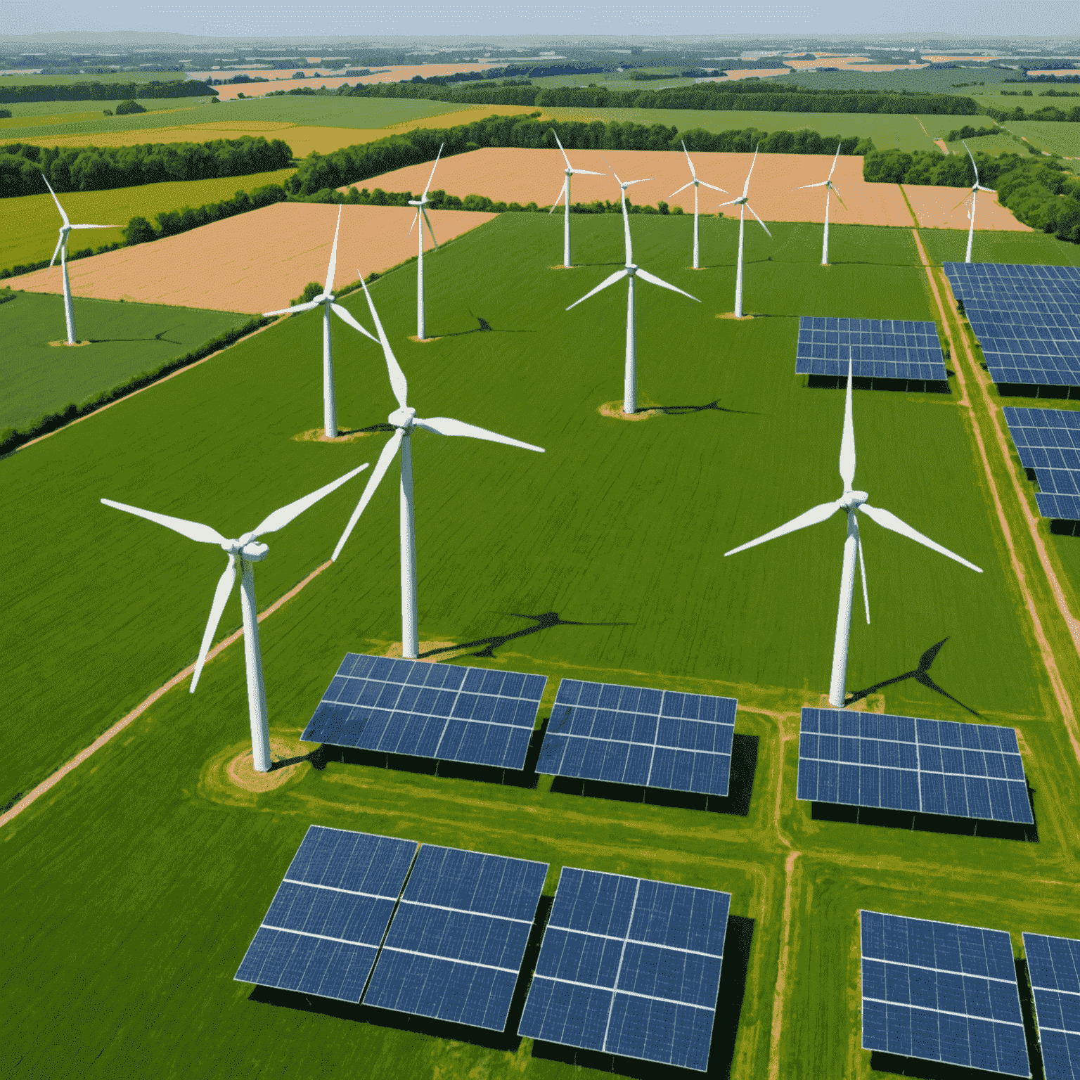 Solar panels and wind turbines in a green field, symbolizing the growth of renewable energy sources