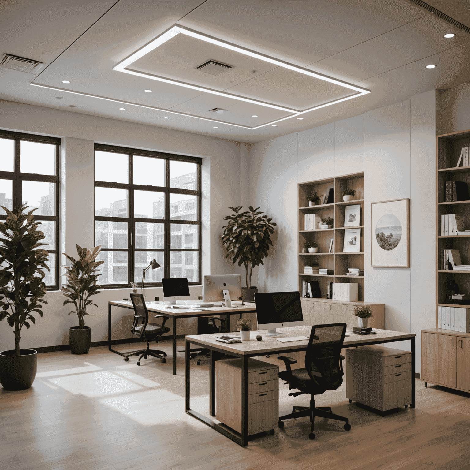 A modern office space with energy-efficient lighting and smart thermostats visible, showcasing practical energy-saving solutions in a commercial environment