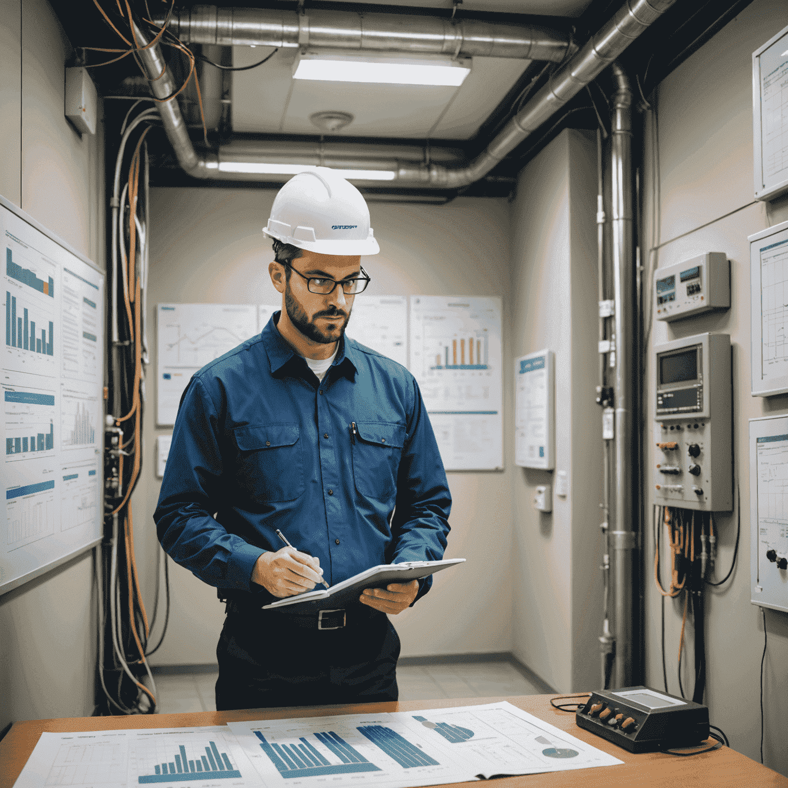 An energy auditor examining a building's electrical system with advanced monitoring equipment, surrounded by energy efficiency charts and graphs