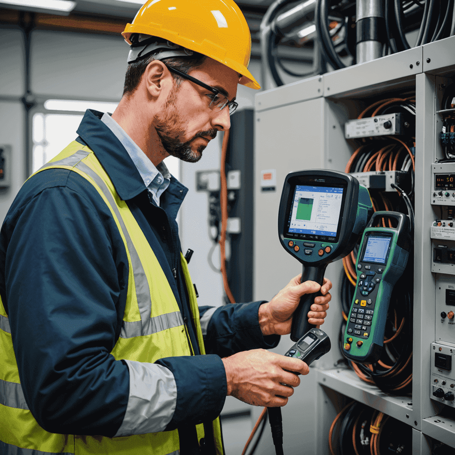 Energy auditor examining electrical equipment with a thermal imaging camera, identifying heat loss and inefficiencies in a commercial building