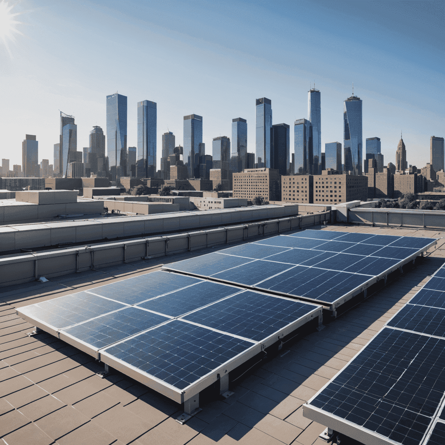 Solar panels installed on a commercial building rooftop, with a cityscape in the background showcasing urban integration of renewable energy