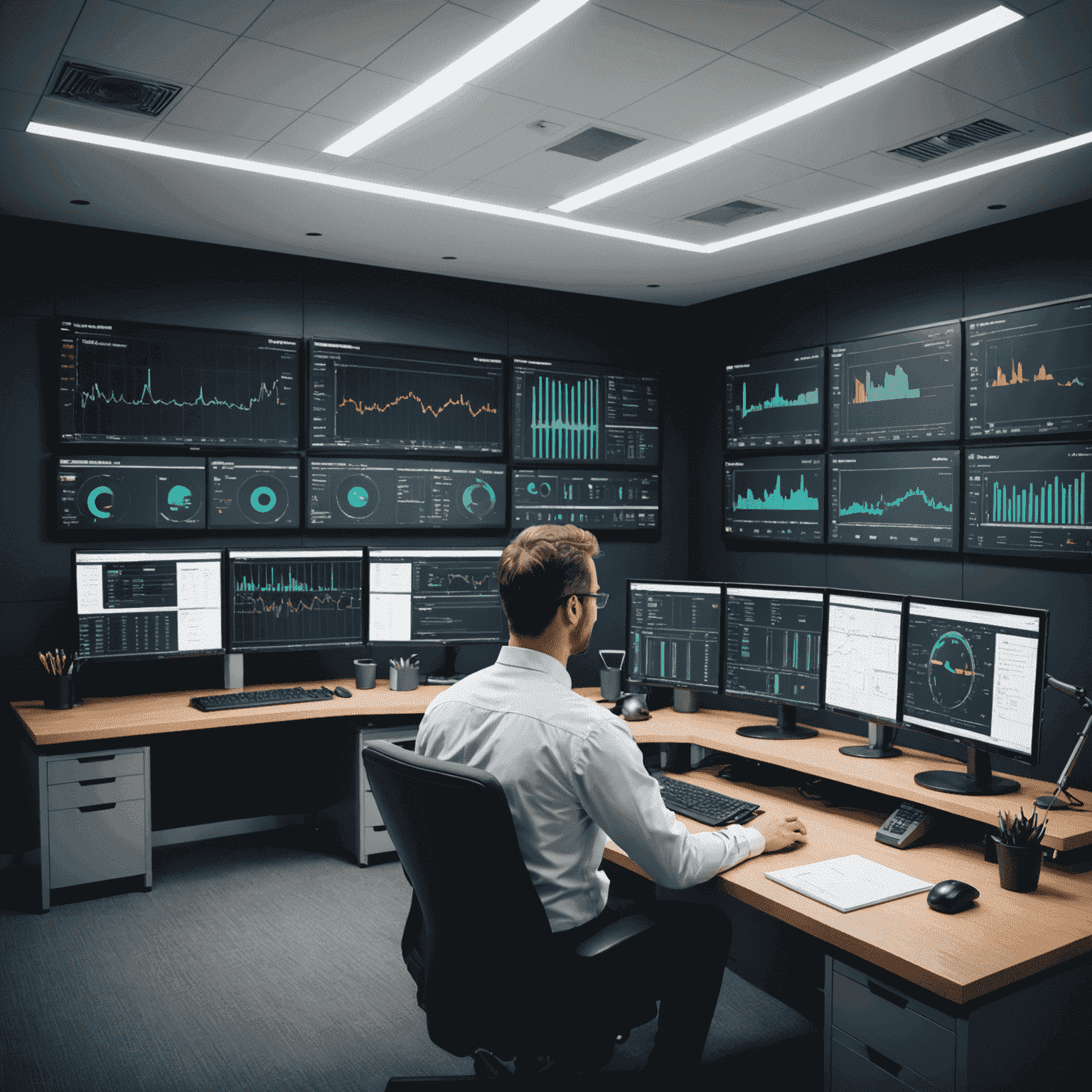 A modern control room with multiple screens displaying real-time energy consumption data, graphs, and building schematics. Engineers are analyzing the information to optimize energy usage.