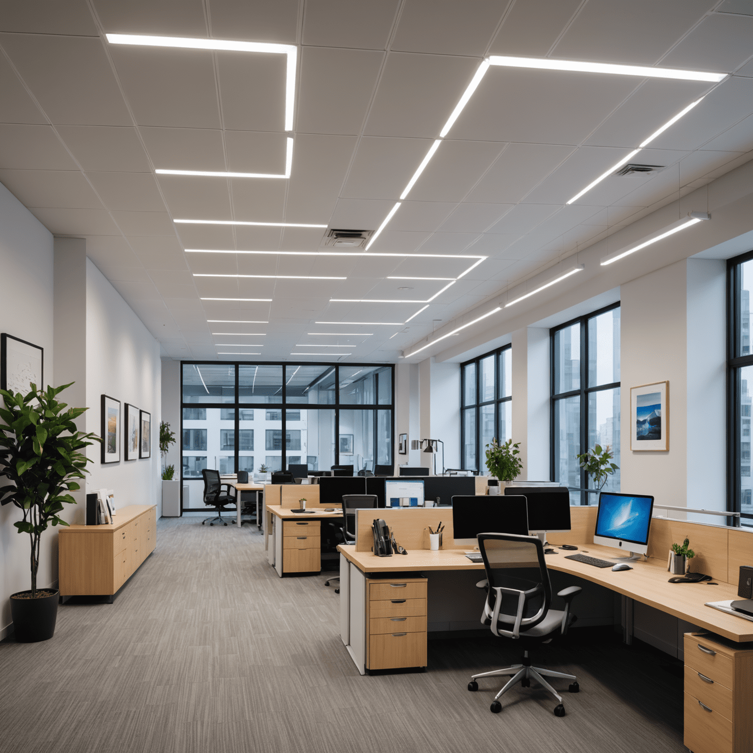 Modern office space with energy-efficient LED lighting, showcasing bright, uniform illumination and workers in a comfortable environment