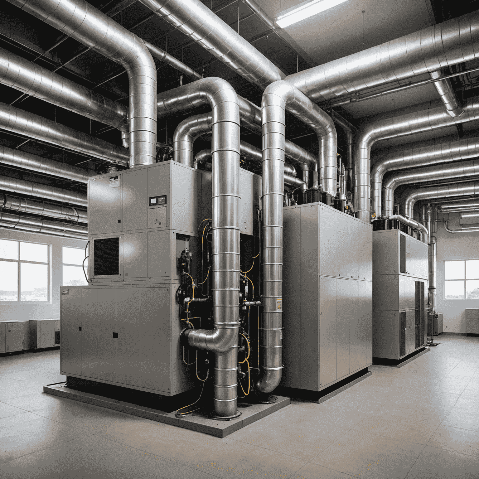 Modern HVAC system in a commercial building, showing sleek air handlers and ductwork integrated with smart controls and energy-efficient components