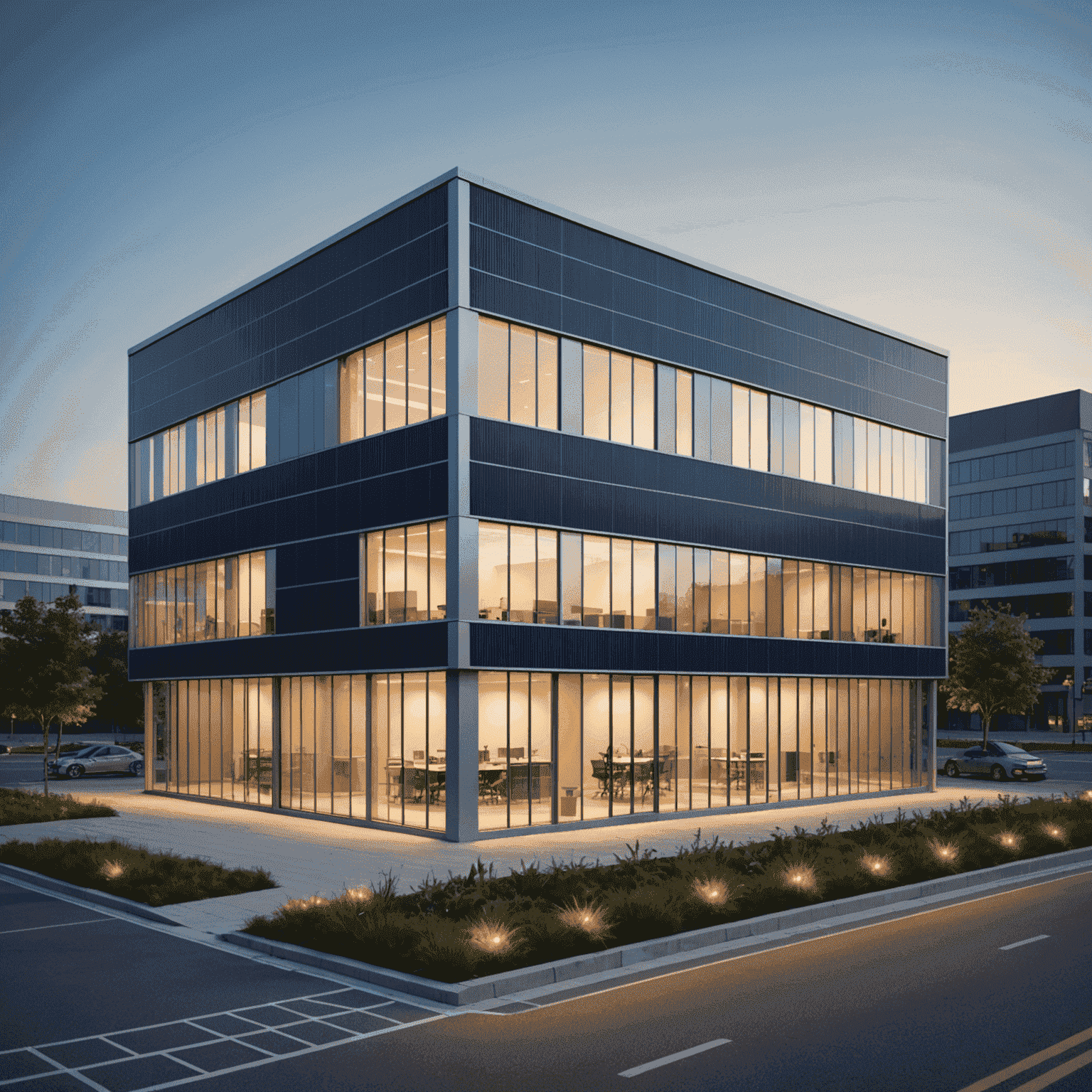 A modern office building with solar panels on the roof, smart windows, and LED lighting systems, showcasing various energy-efficient technologies in action