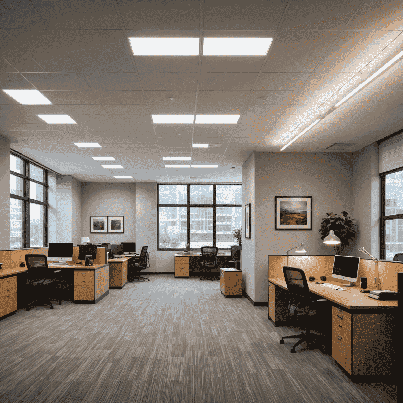 A side-by-side comparison of traditional lighting and new LED lighting in an office space, showing the dramatic difference in energy consumption and light quality