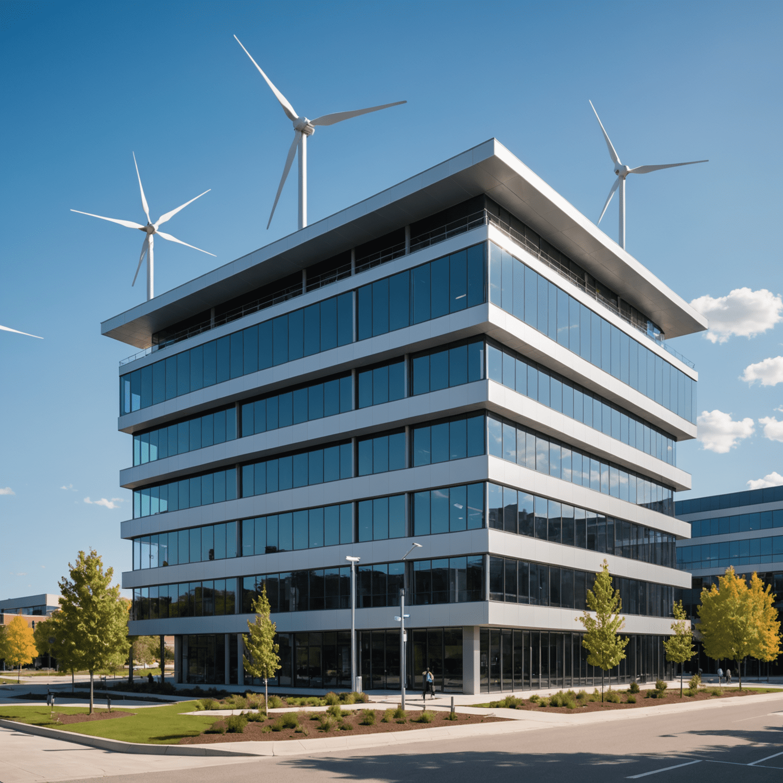 A modern office building with integrated wind turbines and solar panels on the roof, showcasing Alliant Energy Solutions' comprehensive approach to renewable energy