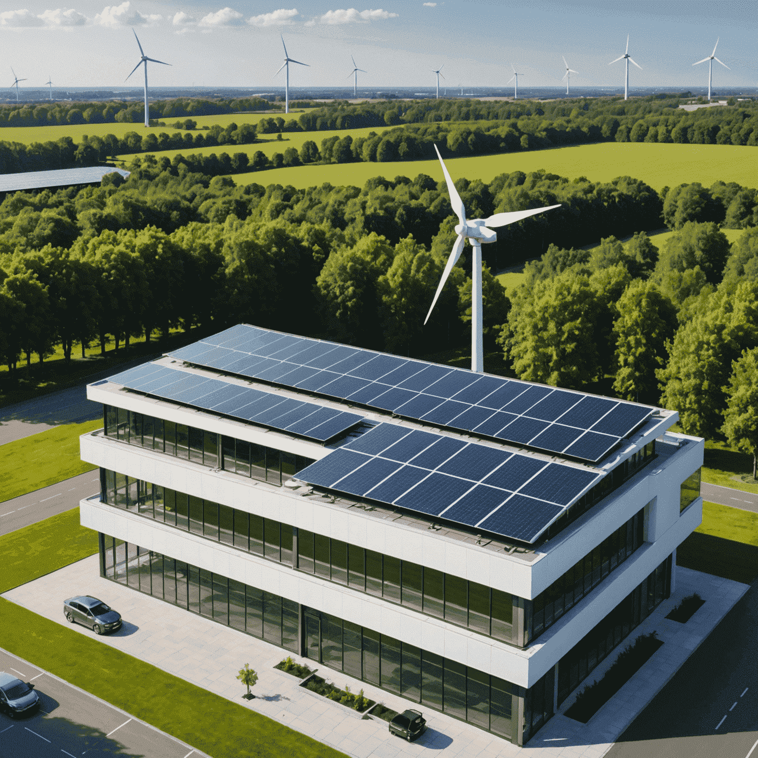 A modern business building with solar panels on the roof and a wind turbine nearby, showcasing integrated renewable energy solutions