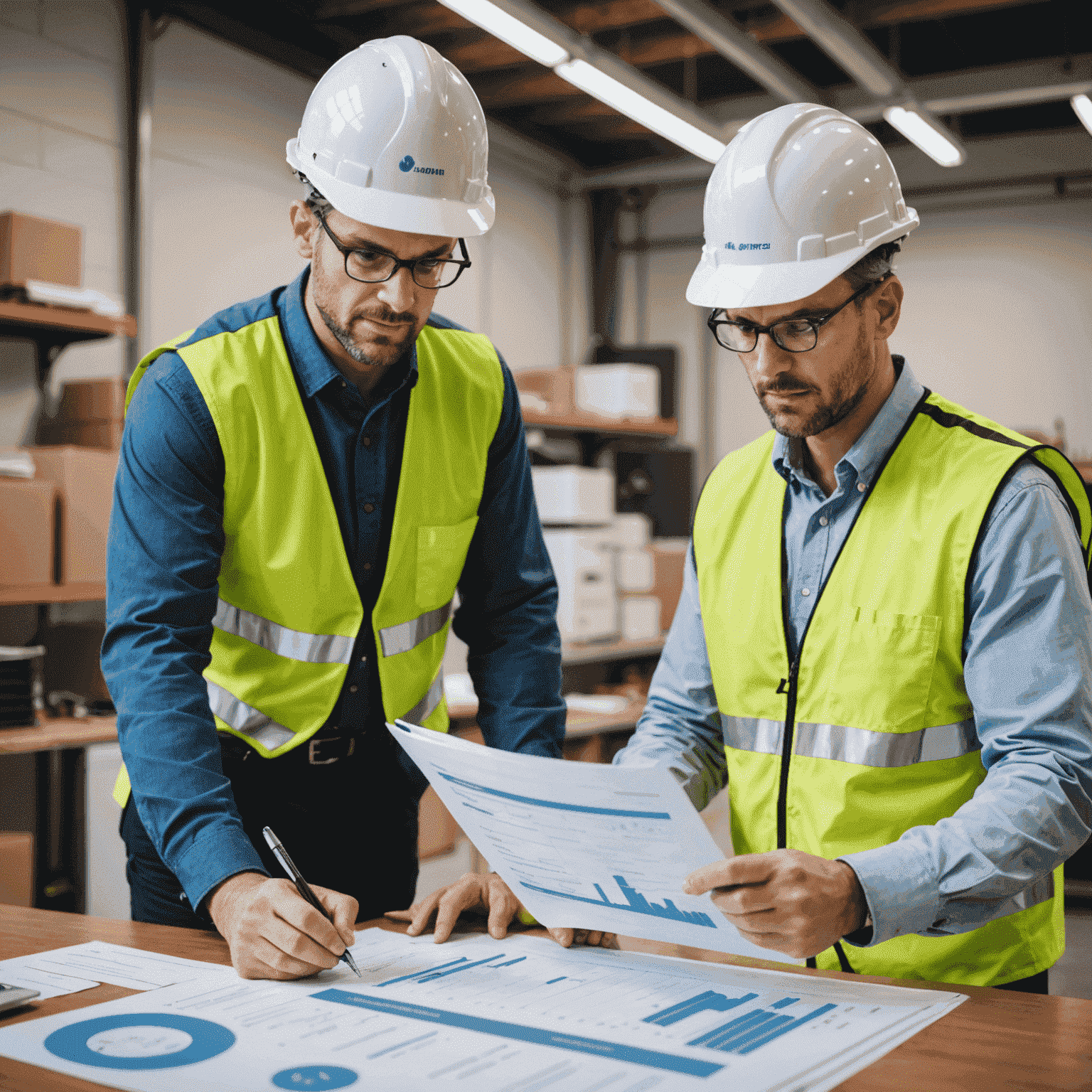 Business owner reviewing an energy audit report with an Alliant Energy Solutions consultant, discussing potential energy-saving measures and ROI projections