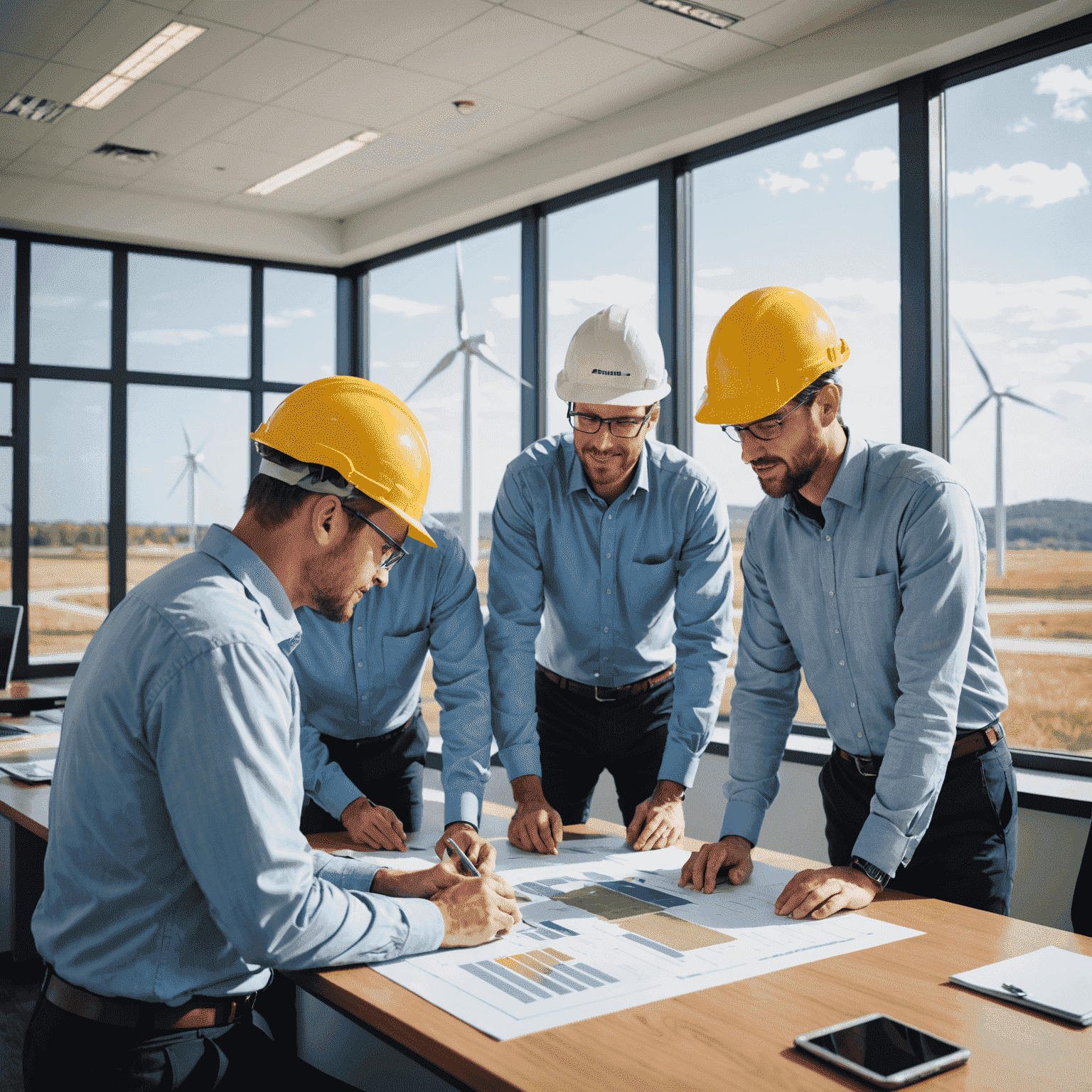 A team of Alliant Energy Solutions engineers discussing a renewable energy project plan, with wind turbines visible through office windows