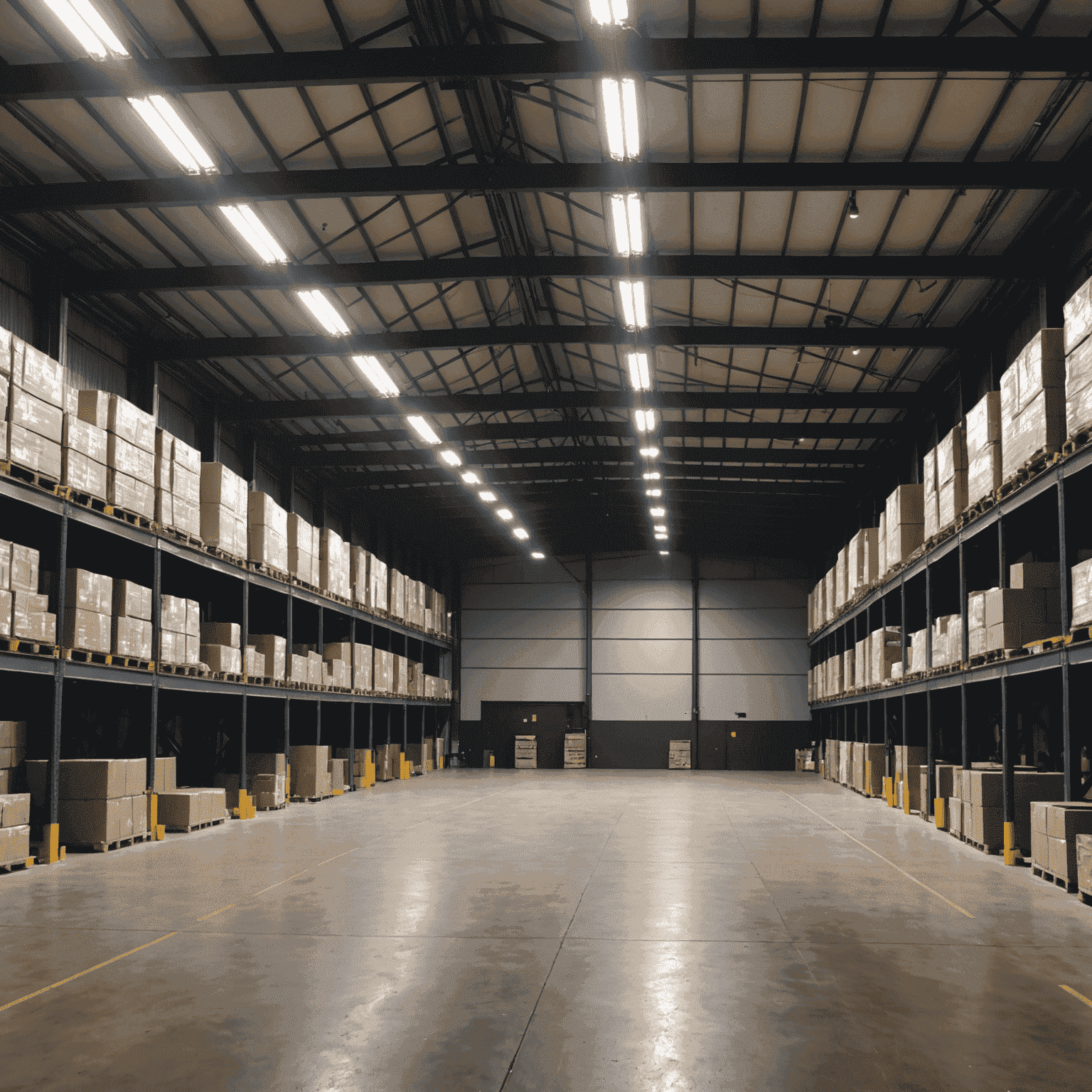 Before and after comparison of a warehouse space, showing dim, outdated lighting on one side and bright, energy-efficient LED lighting on the other