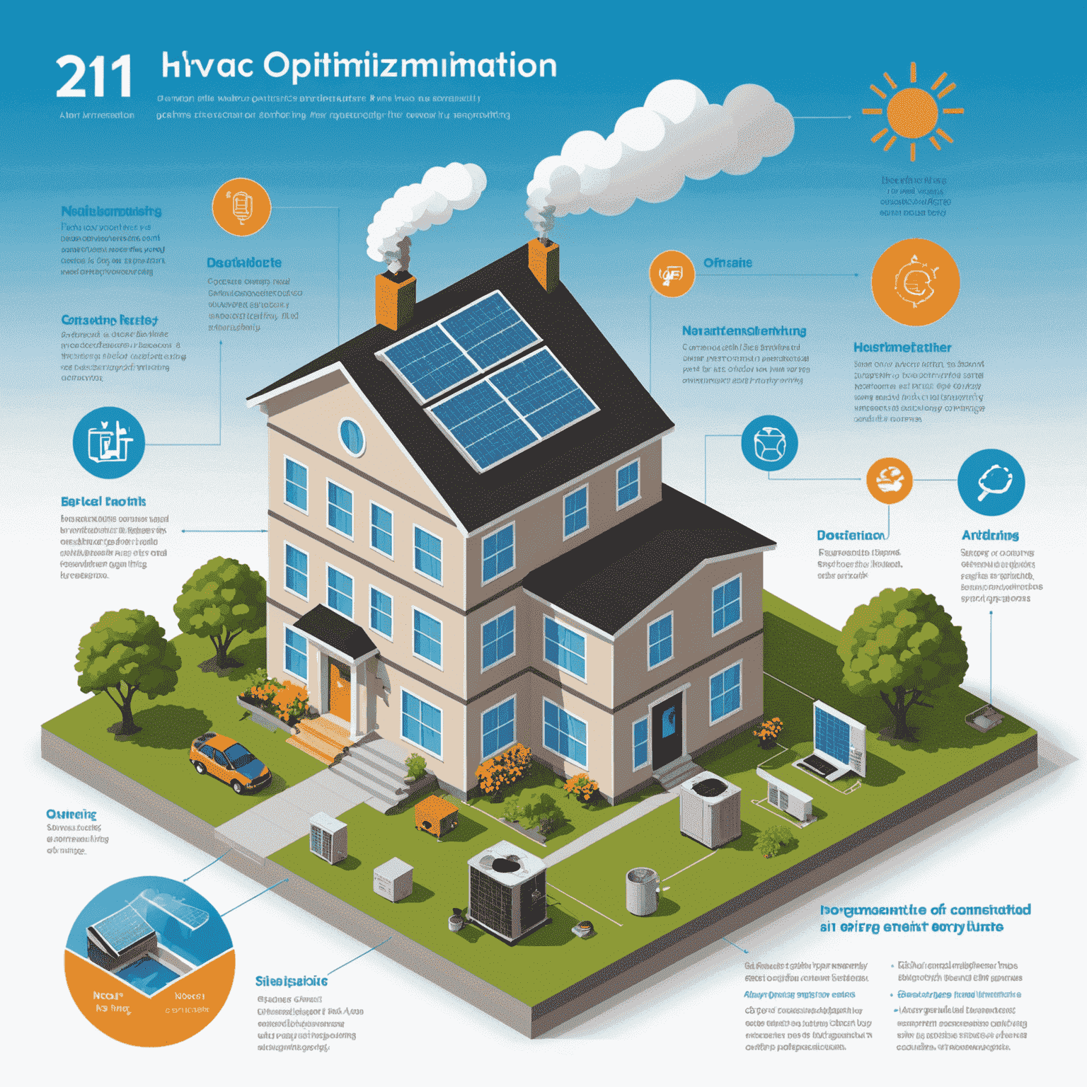 Infographic showing the process of HVAC optimization, from initial assessment to implementation and monitoring, with icons representing energy savings and improved air quality