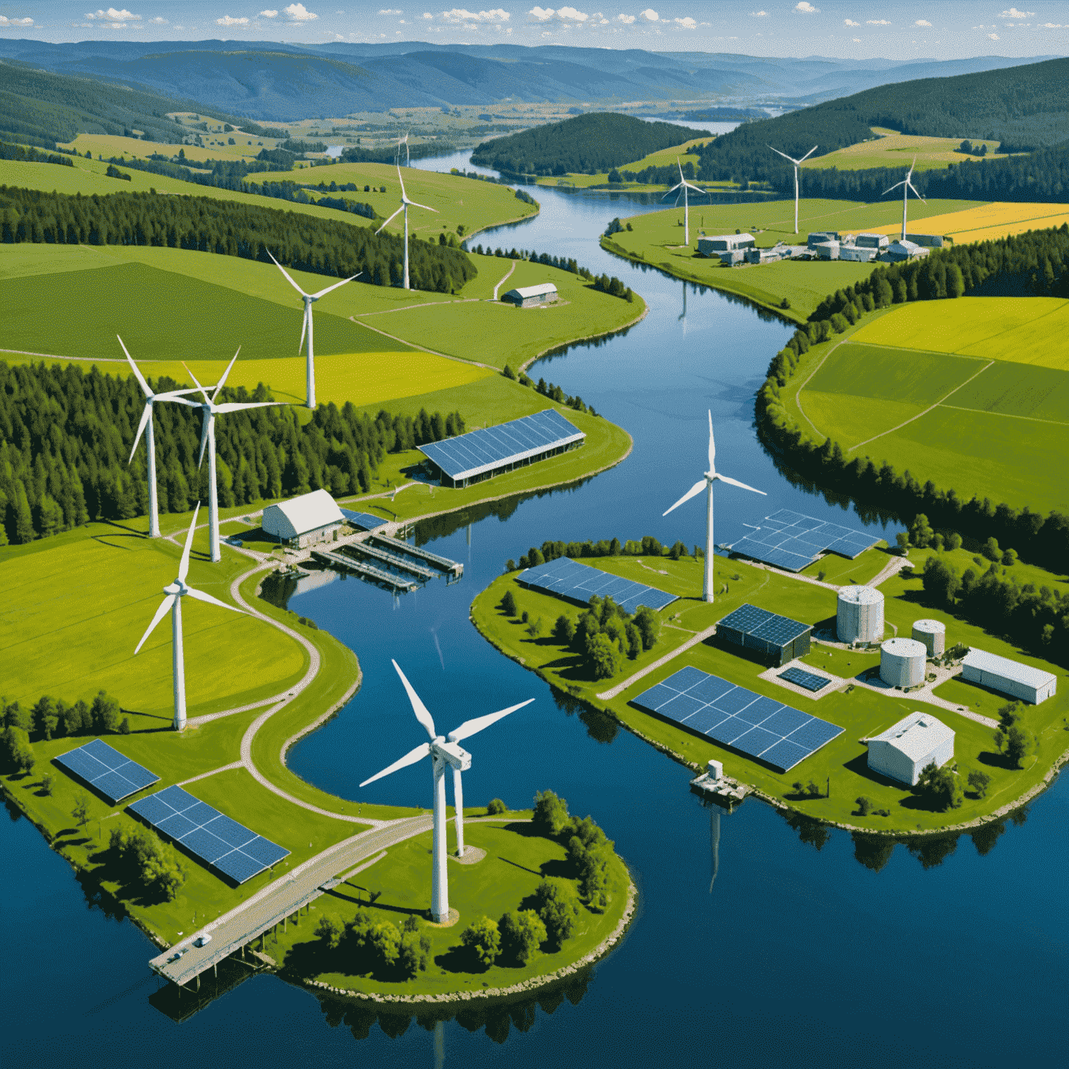 A collage of renewable energy sources including wind turbines, solar farms, and hydroelectric dams, with graphs showing their growing adoption trends