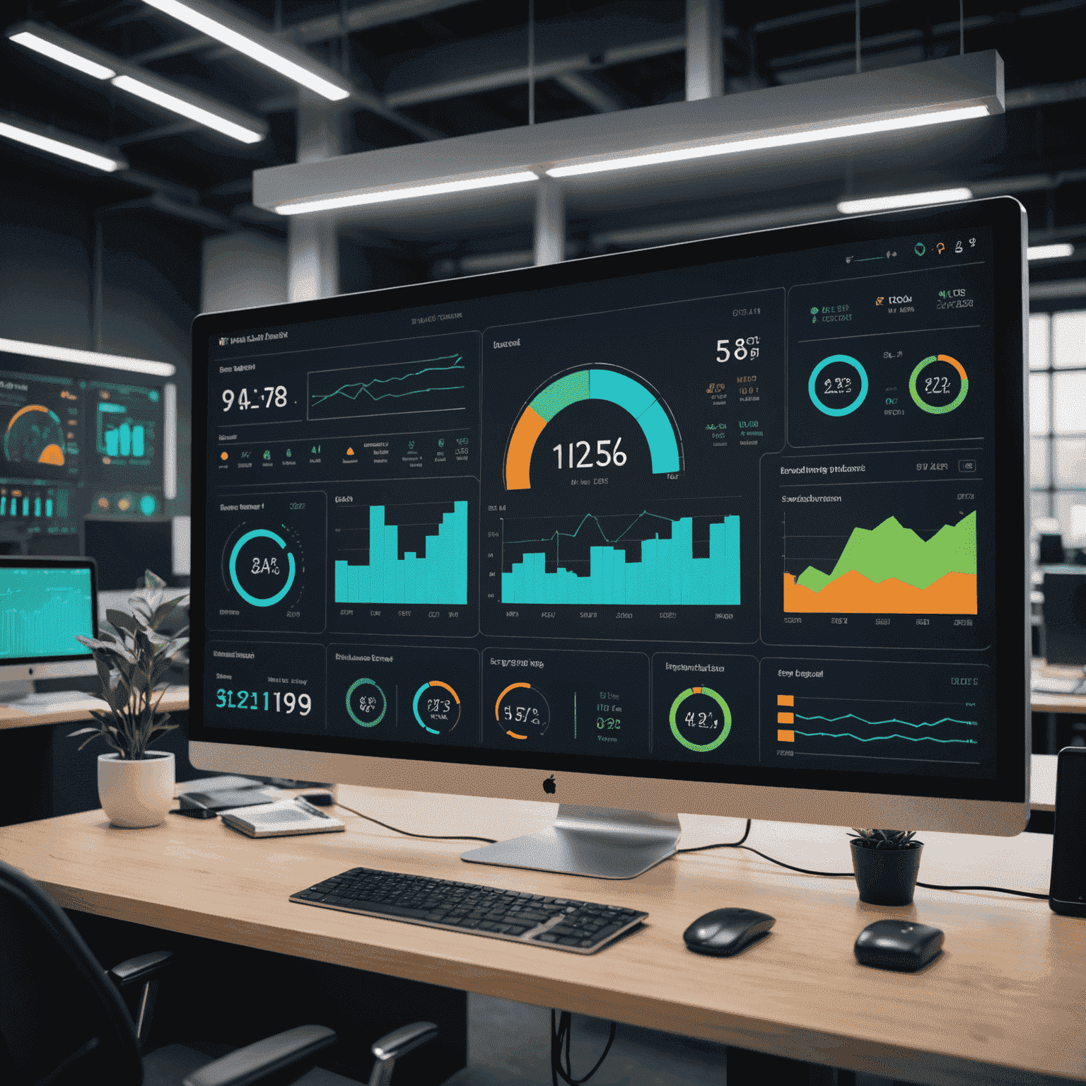 A futuristic dashboard displaying real-time energy consumption data, with graphs and charts showing various metrics and IoT-connected devices throughout a business facility