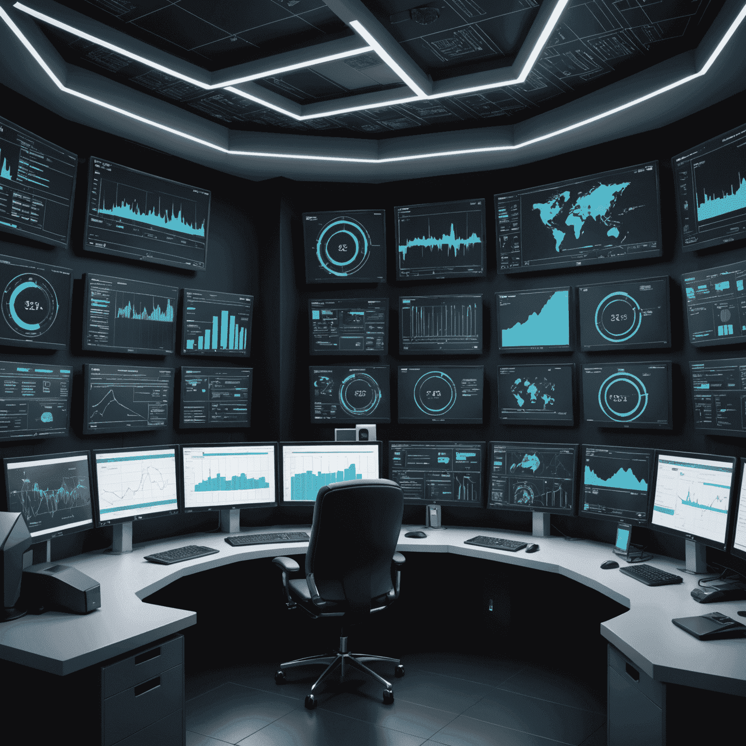 A futuristic control room with multiple screens displaying real-time energy consumption data and optimization algorithms