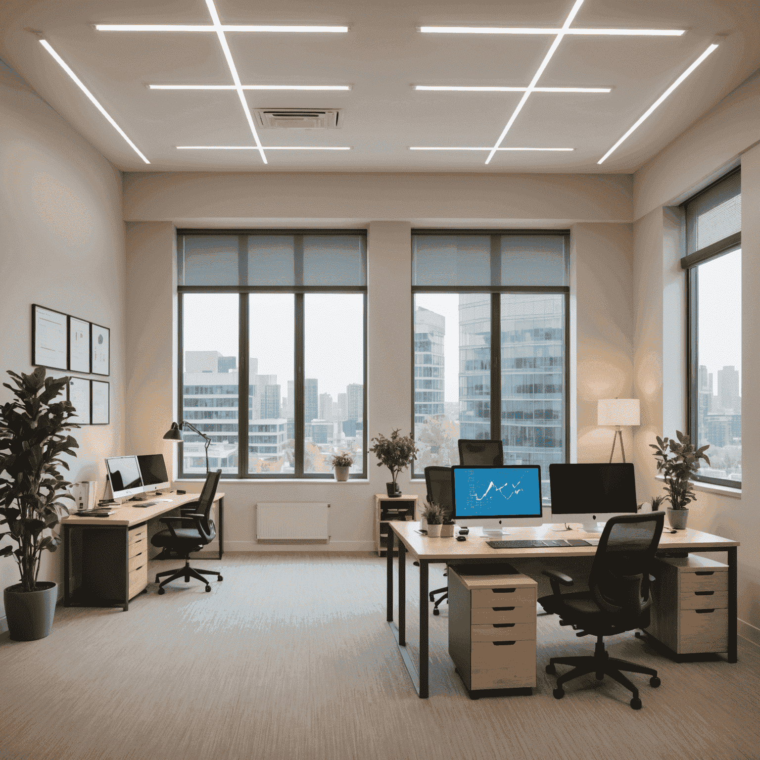 A split image showing a traditional office with high energy consumption on one side and an energy-efficient office with smart devices and LED lighting on the other, with a cost comparison chart