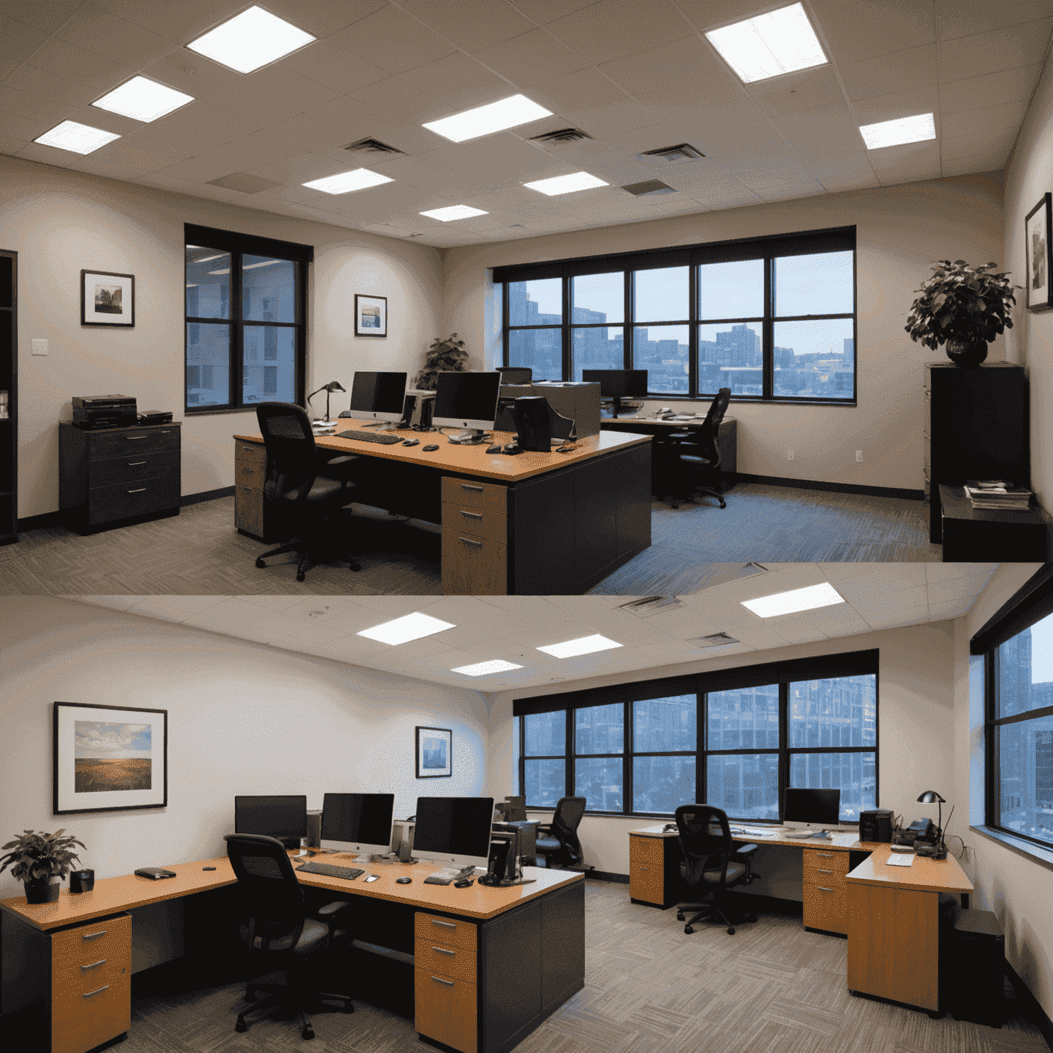 Before and after comparison of an office space, showing dim traditional lighting versus bright, energy-efficient LED lighting