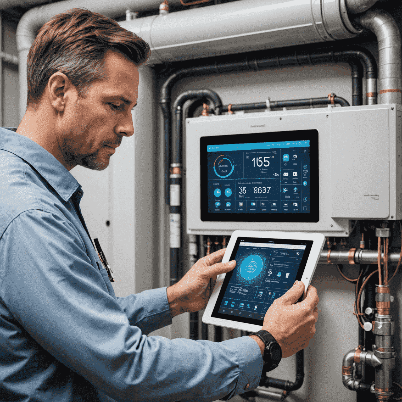 A technician adjusting an advanced HVAC system with a tablet, surrounded by airflow diagrams and temperature control interfaces